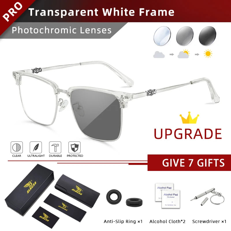 BLMUSA Men Classic Chrome Style Hearts Reading Glasses Anti Blue Light Myopia Glasses Photochromic Prescription Optical Eyewear