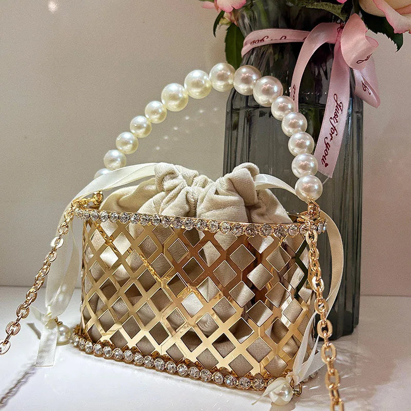 Fashion Pearl Beaded Handheld Women Handbag Gold Metal Cage Glitter Diamond Evening Bag Wedding Party Clutch Purse Crossbody Bag