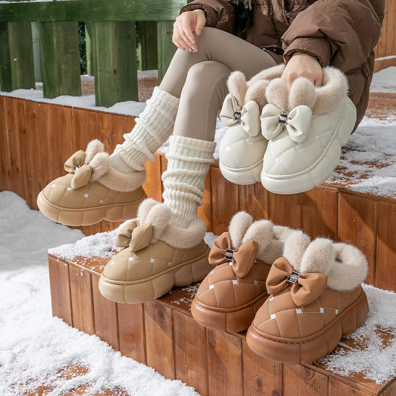 Thick soled bag with cotton slippers, women's winter new fashion bow with plush warm and waterproof snow boots for outdoor wear