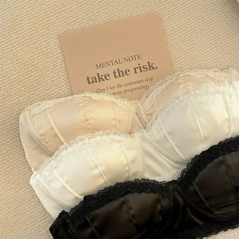 French Satin Seashell Cup Lace Rimmed Lingerie Women's Underwire Thin Half Cup Sexy Girl Bra