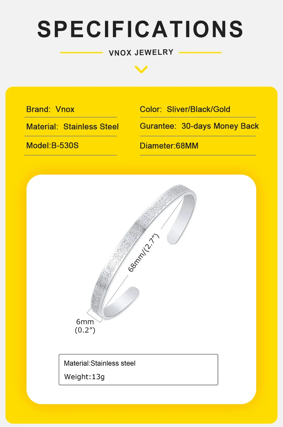 Vnox Ayatul Kursi Sutra Men Cuff Bracelet Stainless Steel Personality Islamic Muslim Calligraphy Arabic God Messenger Jewelry