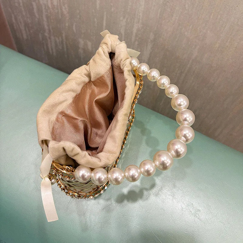 Fashion Pearl Beaded Handheld Women Handbag Gold Metal Cage Glitter Diamond Evening Bag Wedding Party Clutch Purse Crossbody Bag