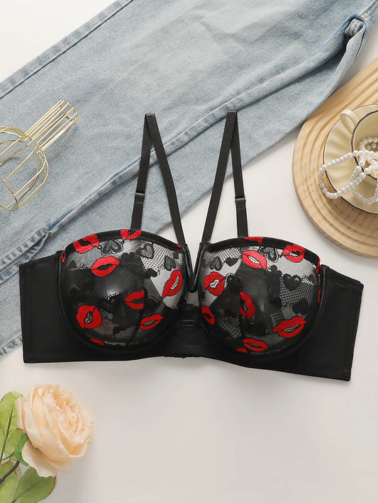 Women's hanging neck red lips heart-shaped lace plus size deep V sexy bra with steel rims gathered push up bra MR3063