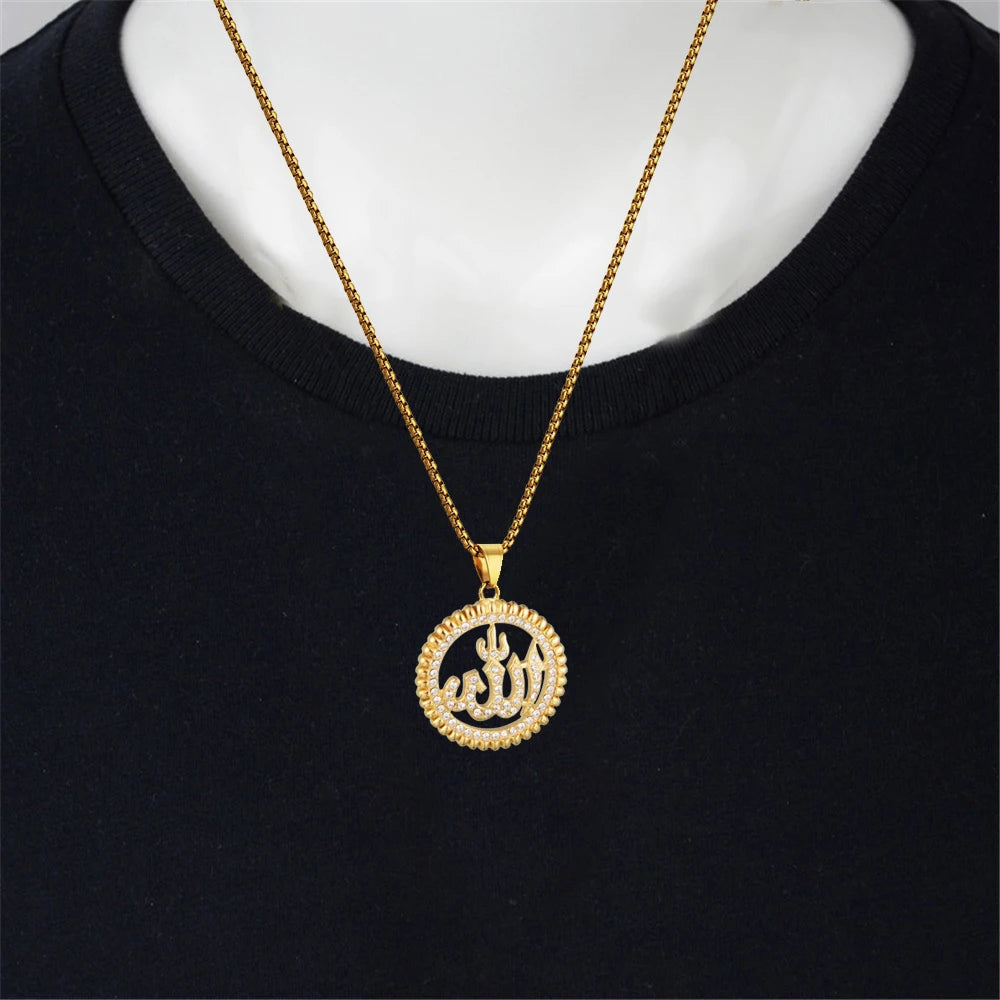 Hip Hop Iced Out Islamic Muslim Allah Pendant Gold Color Stainless Steel Round Necklace For Men Women Islam Jewelry Gift 2025