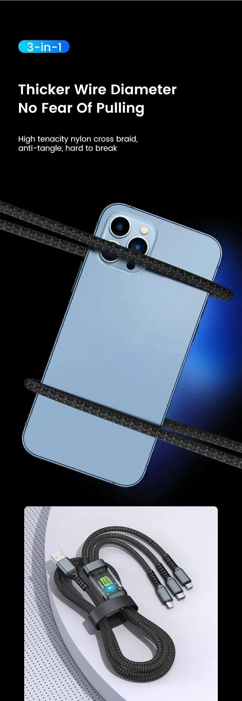 Luminous data cable 3 in1 mobile phone charging cable 100W fast charge braid typec data cable for iPhone Samsung Xiaomi Huawei