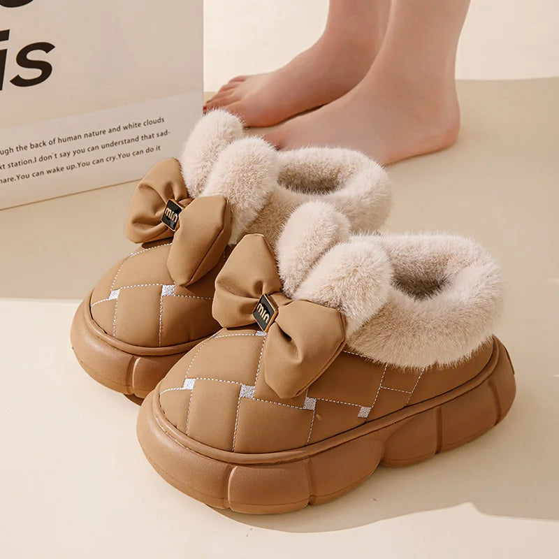 Thick soled bag with cotton slippers, women's winter new fashion bow with plush warm and waterproof snow boots for outdoor wear