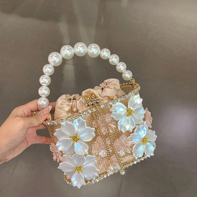 Hollow Out Metal Cage Handbag Women's Flower Clutch Purse Crystal Shiny Rhinestone Diamond Evening Bag Wedding Party