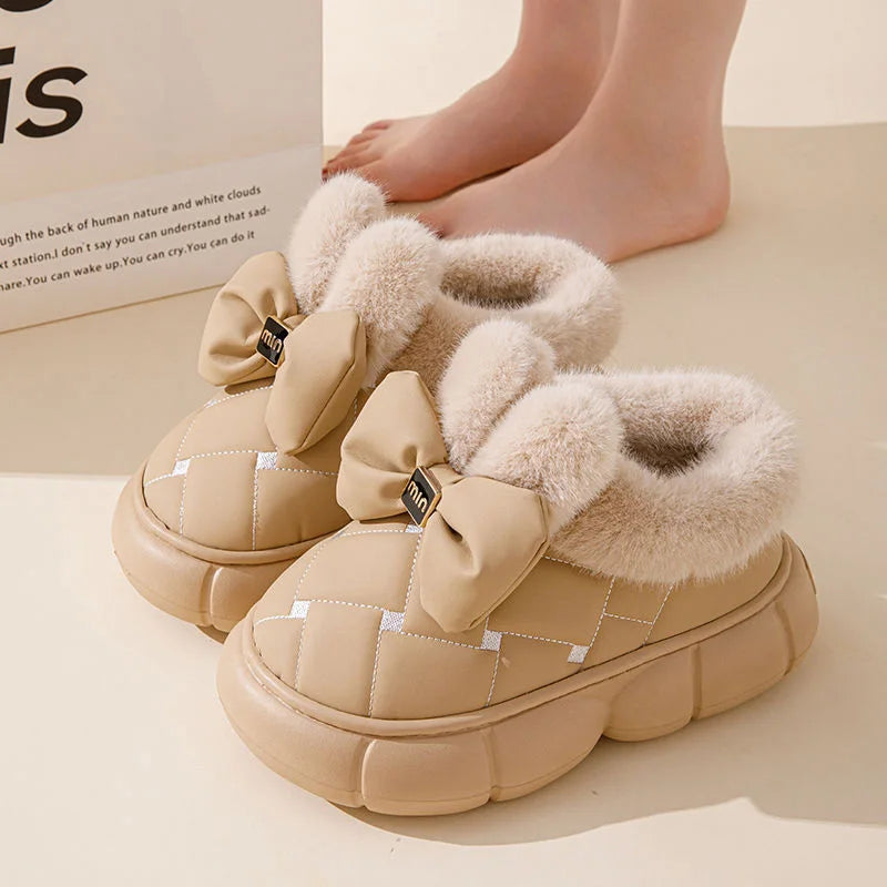Thick soled bag with cotton slippers, women's winter new fashion bow with plush warm and waterproof snow boots for outdoor wear
