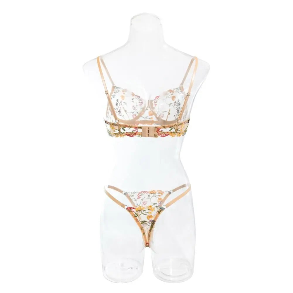 2-Piece Sexy Floral Lingerie Set Embroidery Sheer Women Underwear Boho Bra Panty Set