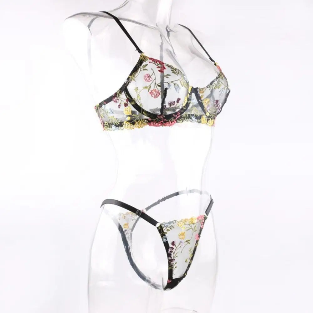 2-Piece Sexy Floral Lingerie Set Embroidery Sheer Women Underwear Boho Bra Panty Set