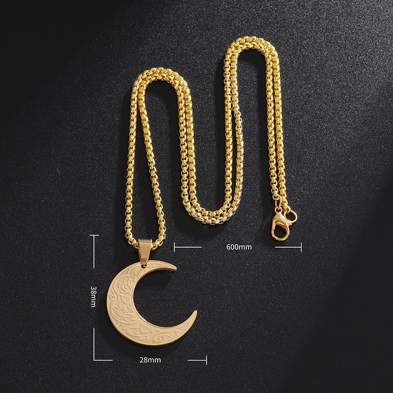 Ayatul Kursi Arabic Religious Moon Pendant Necklace for Women God Messager Islam Muslim Stainless Steel Jewelry