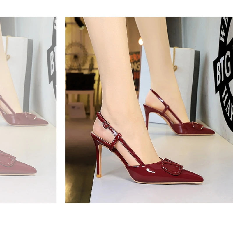 French Elegant And Fashionable V-Shaped Square Buckle Pointed High Heels For Women's Thin Heel Patent Leather Tripping Women's