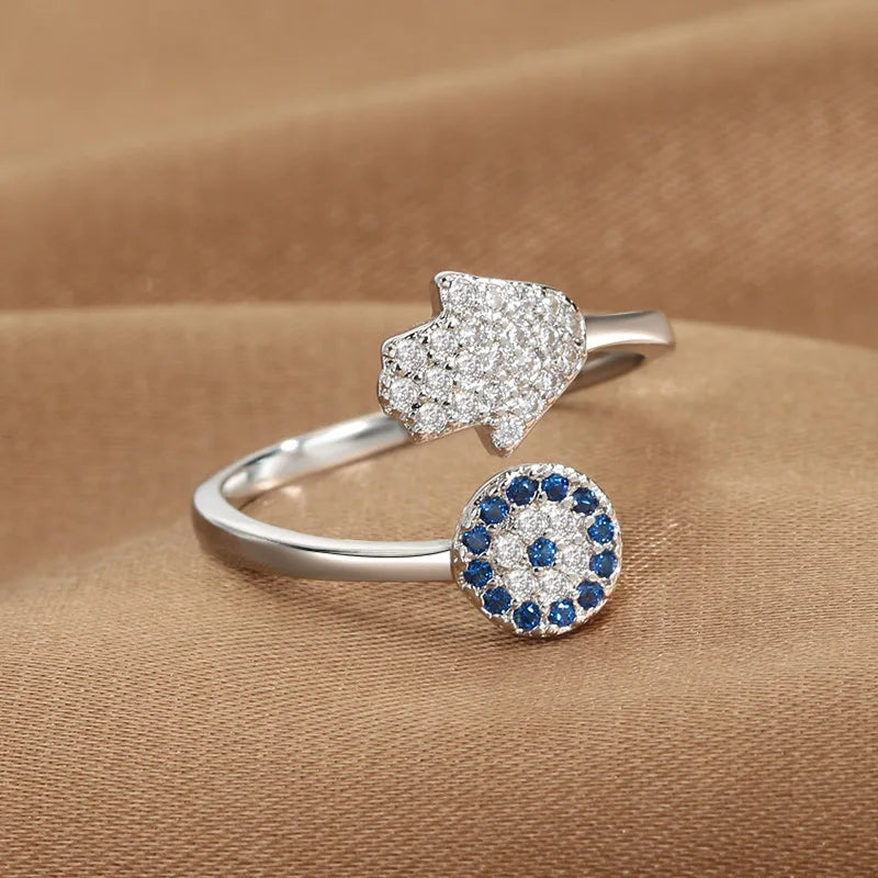 YILUOCD Hamsa Fatima's Hand Open Rings Turkish Blue Cubic Zircon Evil Eye Ring Protection Amulet Islamic Jewish Jewelry