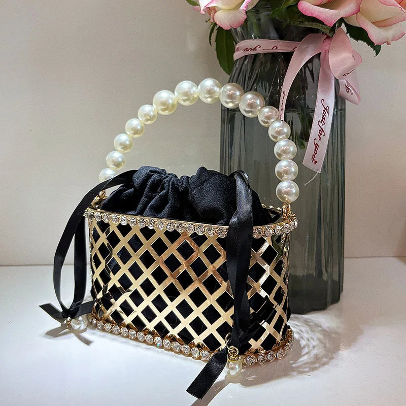 Fashion Pearl Beaded Handheld Women Handbag Gold Metal Cage Glitter Diamond Evening Bag Wedding Party Clutch Purse Crossbody Bag