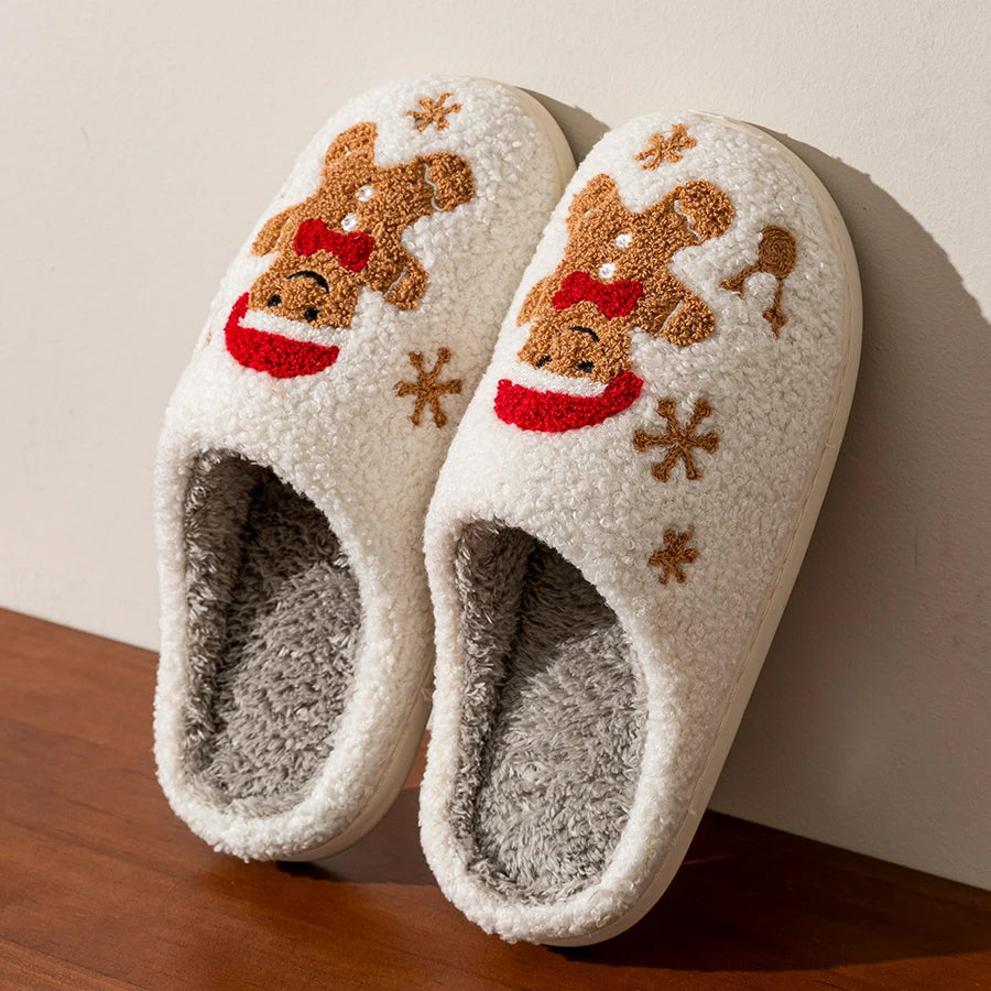 Winter Women's Warm Christmas Slippers Cute Pattern Indoor Soft Sole Comfortable Casual Gingerbread Gift Home Shoes
