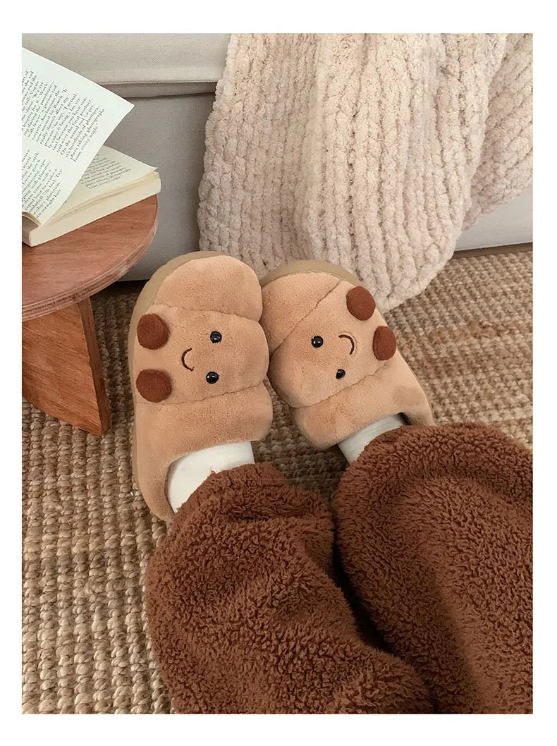 Fun Croissant Bread Cotton Slippers for Men and Women, Winter Couple Home Use, Thick-Soled Non-Slip Home Slippers for Women