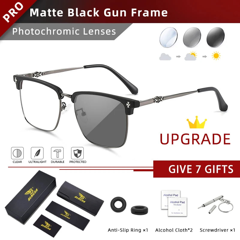 BLMUSA Men Classic Chrome Style Hearts Reading Glasses Anti Blue Light Myopia Glasses Photochromic Prescription Optical Eyewear