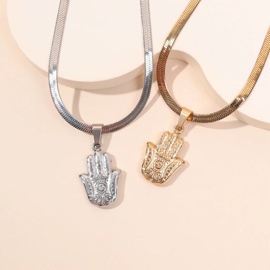 Hamsa Hand Pendant Necklace Women Men Amulet Stainless Steel Herringbone Snake Chain Hand of Fatima Choker Islamic Jewelry