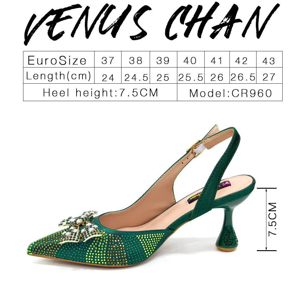Venus Chan Green Color Pointed-Toe High Women Heels Shoes and Bags for Women Rhinestone Evening Party Elegant Luxury Handbag
