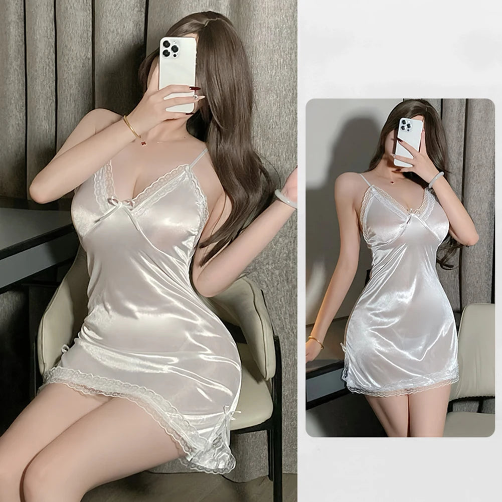 Sexy Women's Translucent Nightwear Satin Suspender Short Nightdress Thin Lace Slit Bow Female Exotic Nightgown Sleepwear
