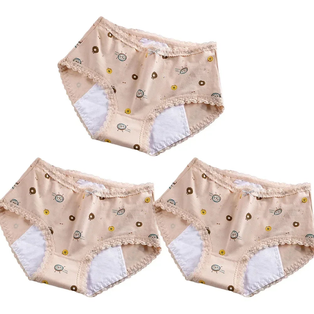 3pcs Menstrual Panties Girls Mid Waist Cartoon Bear Cotton Period Briefs Soft Leak proof Absorbent Incontinence Underwear S-XL