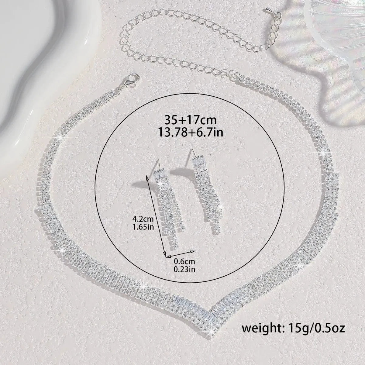 Ladies' Fashionable Silver-Plated And Diamond-Encrusted Metal Necklace, Earrings Set, Bride'S Wedding Attire And Accessories