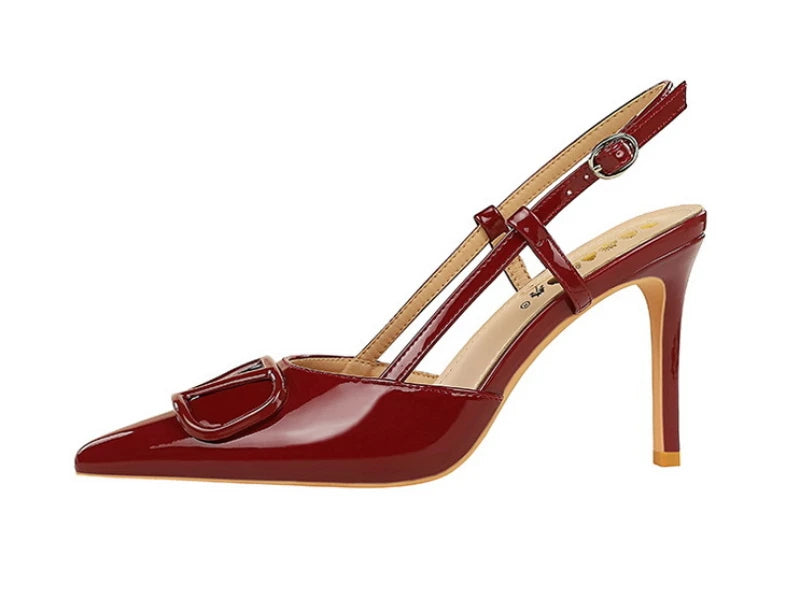 French Elegant And Fashionable V-Shaped Square Buckle Pointed High Heels For Women's Thin Heel Patent Leather Tripping Women's