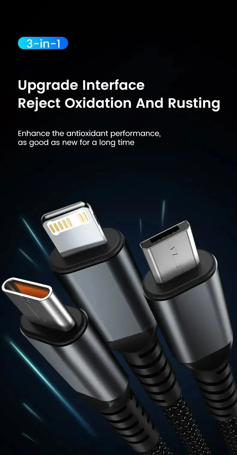 Luminous data cable 3 in1 mobile phone charging cable 100W fast charge braid typec data cable for iPhone Samsung Xiaomi Huawei