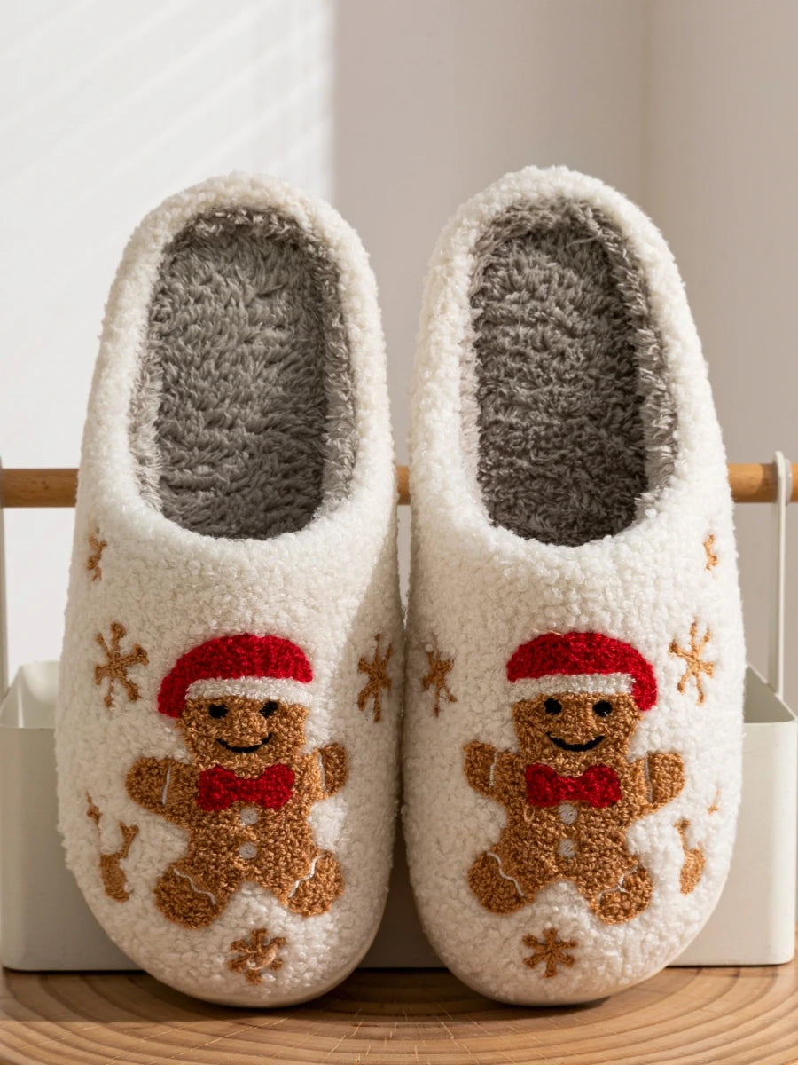 Winter Women's Warm Christmas Slippers Cute Pattern Indoor Soft Sole Comfortable Casual Gingerbread Gift Home Shoes