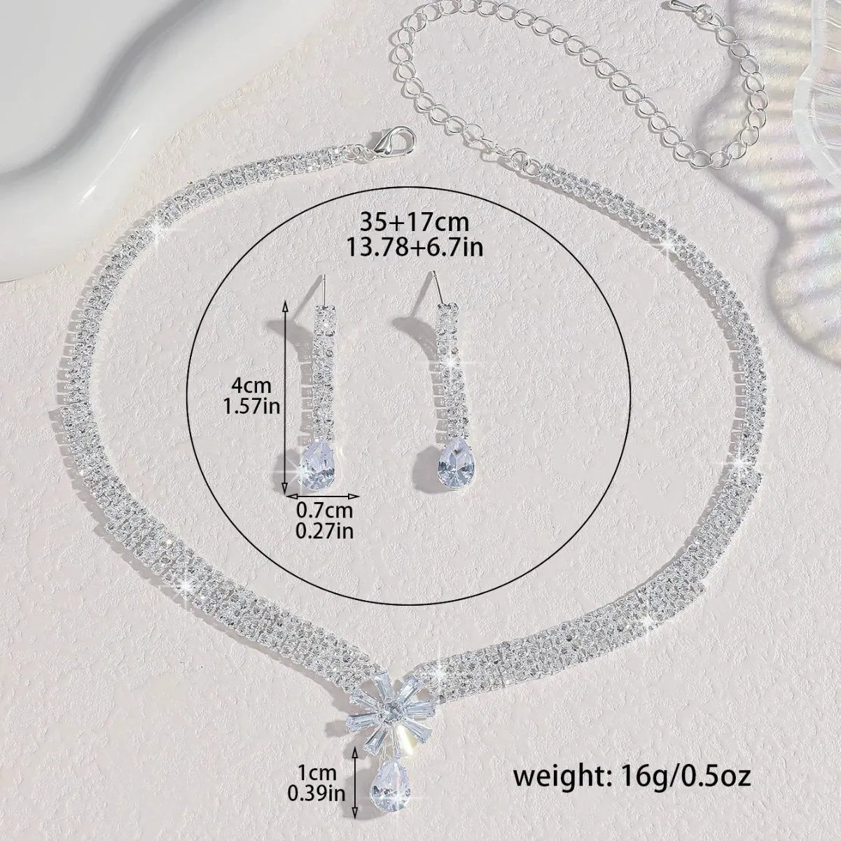 Ladies' Fashionable Silver-Plated And Diamond-Encrusted Metal Necklace, Earrings Set, Bride'S Wedding Attire And Accessories