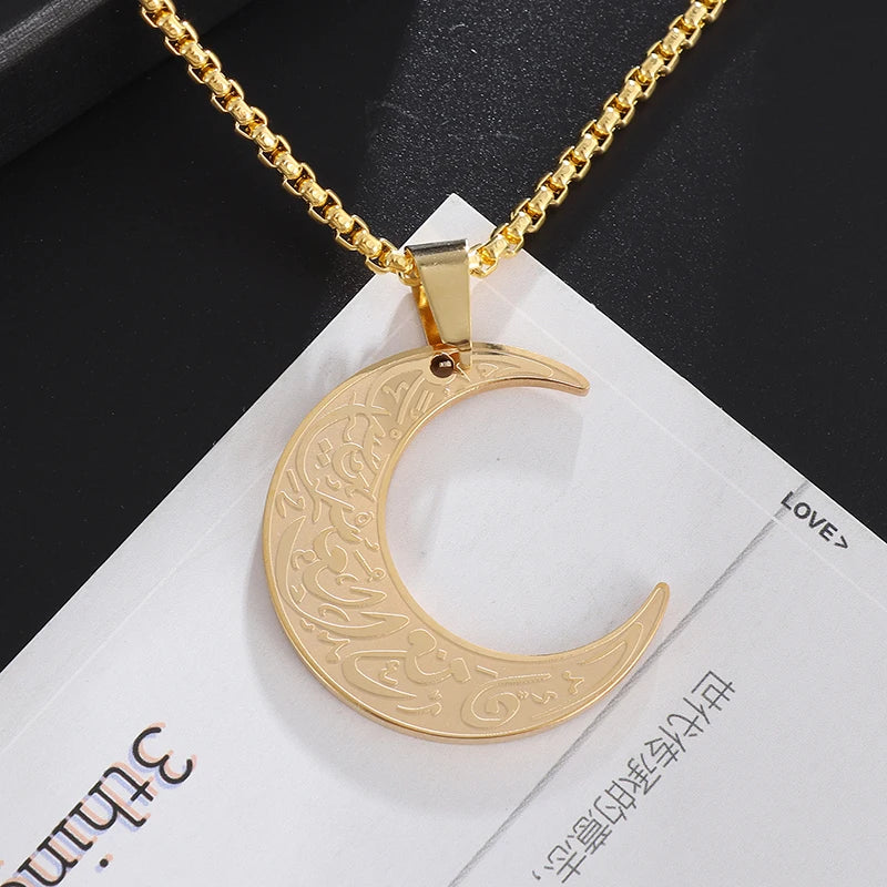 Ayatul Kursi Arabic Religious Moon Pendant Necklace for Women God Messager Islam Muslim Stainless Steel Jewelry