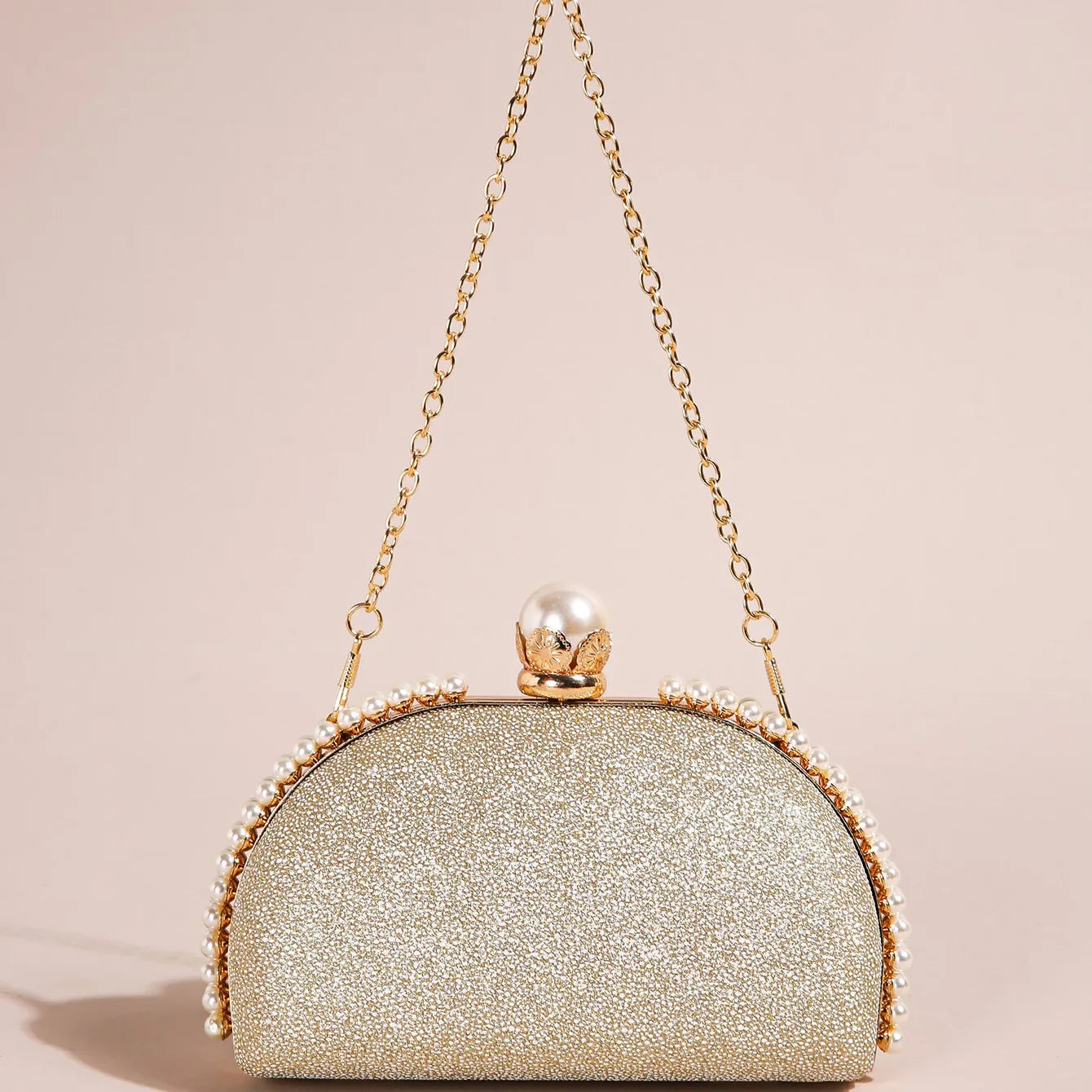 1PC Luxury Faux Pearl Decor Evening Bag,Big Faux Pearl Closure Sparkling Women's Clutch Purse For Wedding Prom Party