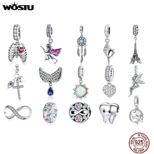 WOSTU 925 Sterling Silver Animal Cat Charm Pendant Heart Family Ladybug Bee Beads Fit Original Bracelet DIY Jewelry For Women