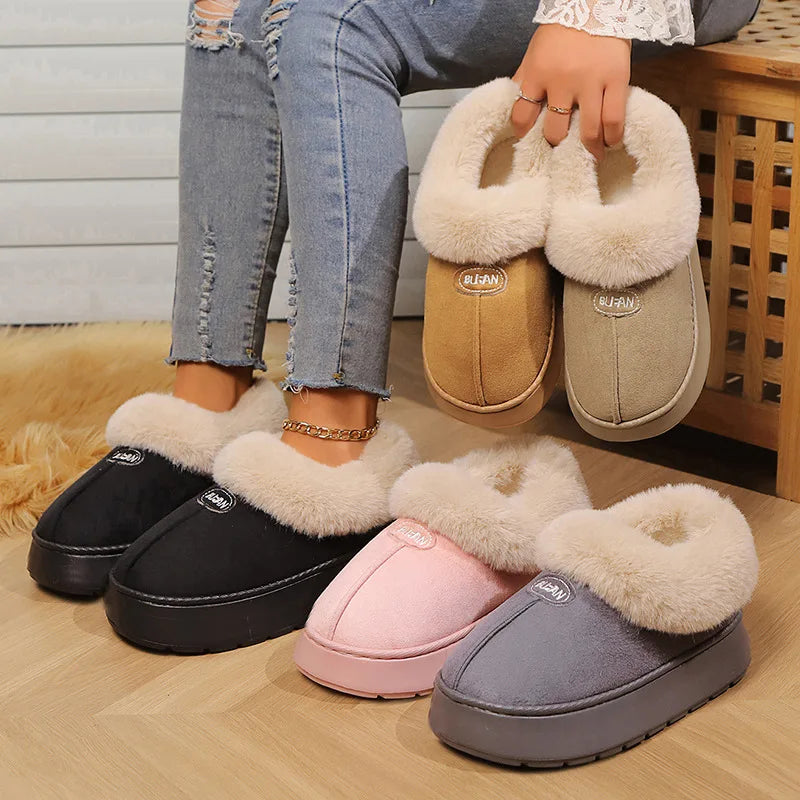 Winter Women Warm Plush Slippers Female Thick-soled Indoor Furry Shoes Men Outdoor Fashion Non-slip Slides Couples Cute Boots