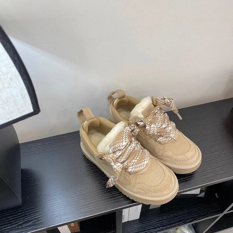 Women's cotton shoes 2025 new snow boots with plush and thickened fur integrated warmth and anti slip winter women's shoes