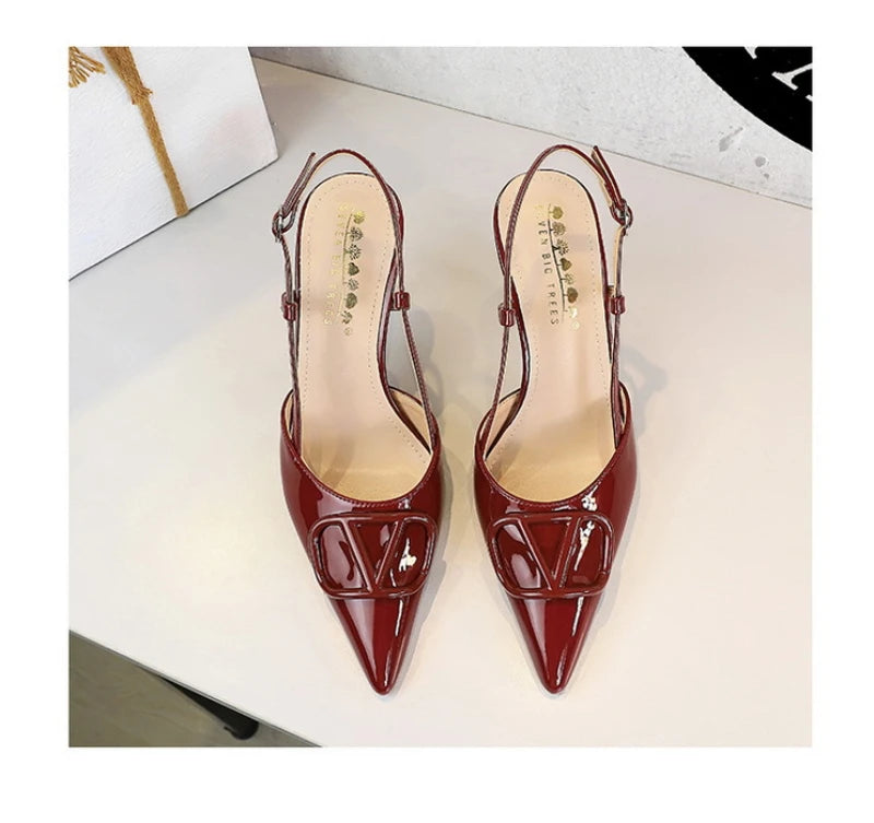French Elegant And Fashionable V-Shaped Square Buckle Pointed High Heels For Women's Thin Heel Patent Leather Tripping Women's