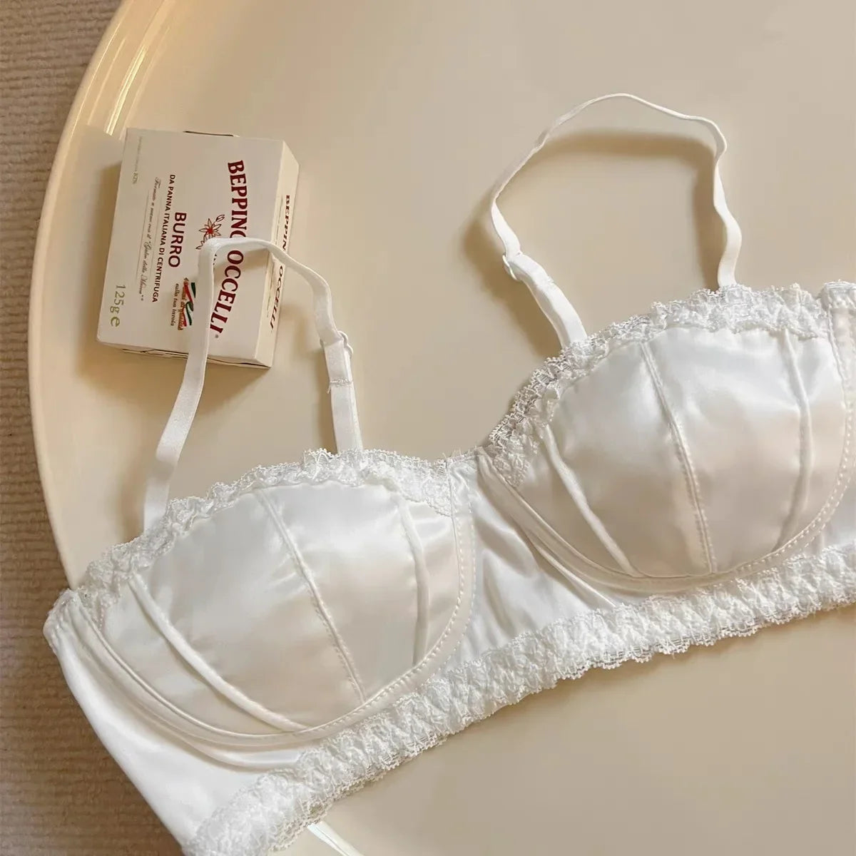 French Satin Seashell Cup Lace Rimmed Lingerie Women's Underwire Thin Half Cup Sexy Girl Bra