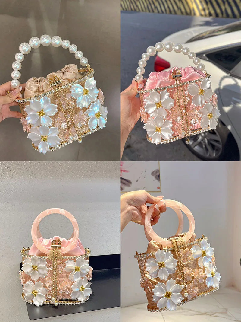 Hollow Out Metal Cage Handbag Women's Flower Clutch Purse Crystal Shiny Rhinestone Diamond Evening Bag Wedding Party