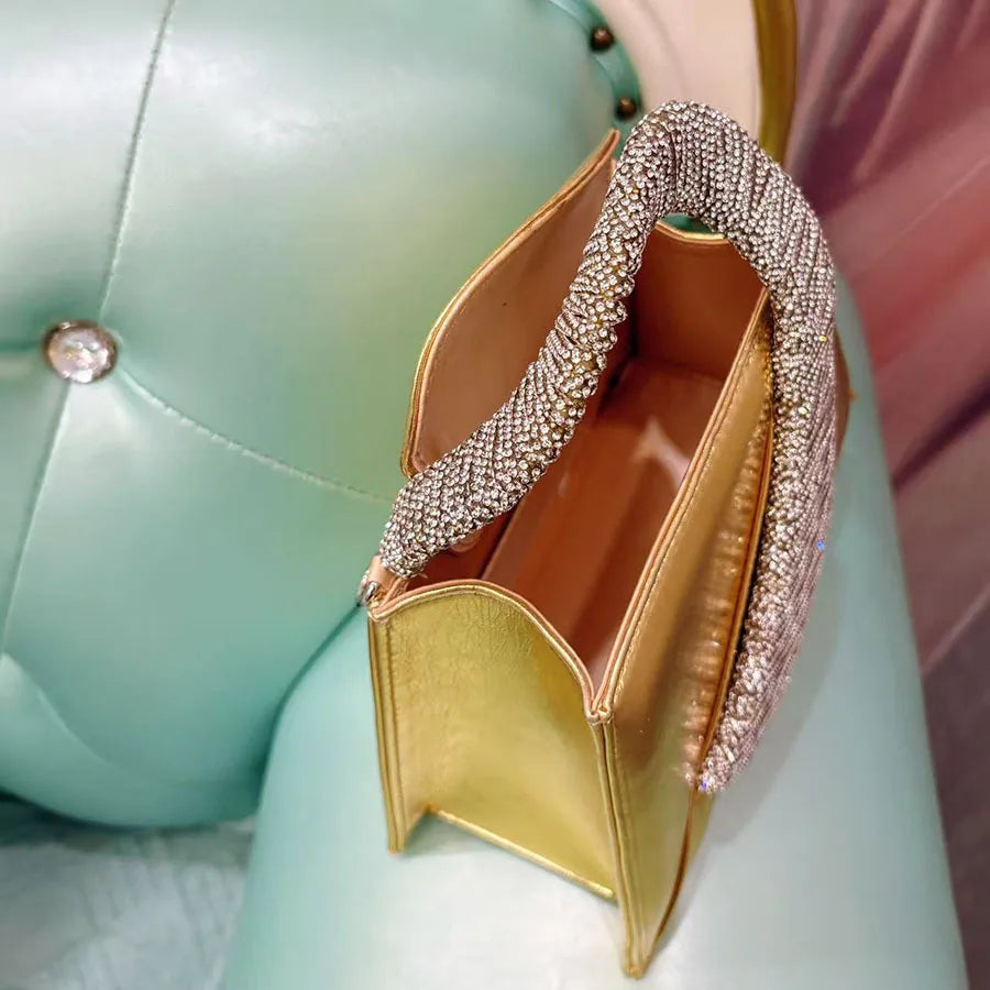 Luxury Satin Square Bag Wedding Party Clutch Purse Glitter Shiny Diamonds Handle Evening Bag Crossbody Bag Women Fashion Handbag