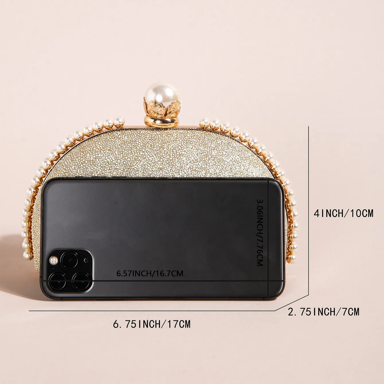 1PC Luxury Faux Pearl Decor Evening Bag,Big Faux Pearl Closure Sparkling Women's Clutch Purse For Wedding Prom Party