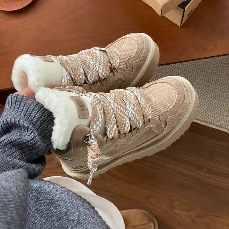 Women's cotton shoes 2025 new snow boots with plush and thickened fur integrated warmth and anti slip winter women's shoes