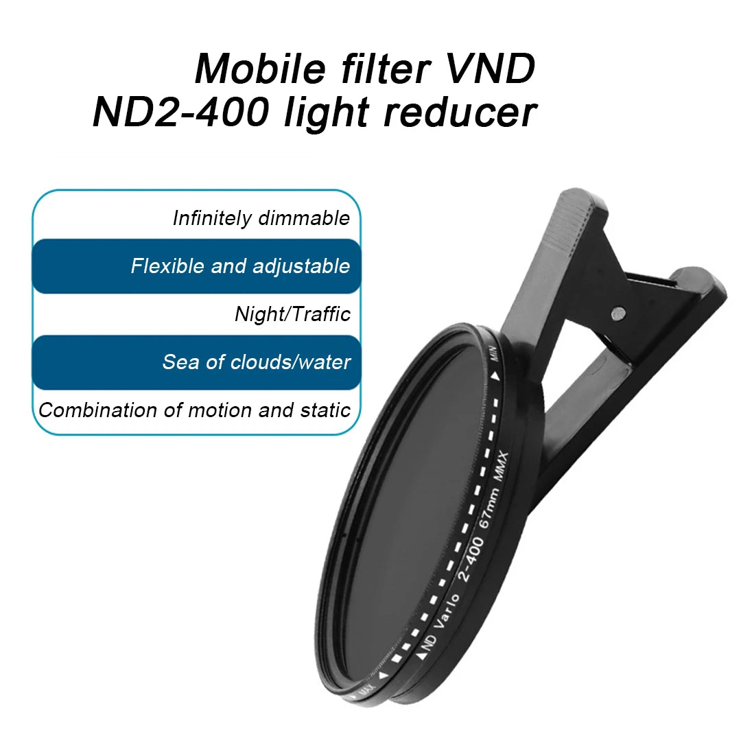 67mm Lens Filter Kit with Mobile Phone Lens Clip Variable ND2-ND400 Filter for iPhone 16 15 14 Pro Max Google Pixel Smart Phones