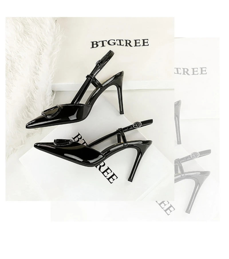 French Elegant And Fashionable V-Shaped Square Buckle Pointed High Heels For Women's Thin Heel Patent Leather Tripping Women's