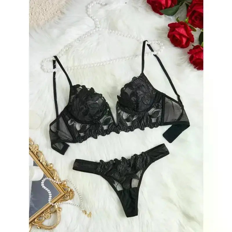 Fairy Lingerie Floral Valentine Charming Brief Panty Underwear Sexy Nighty Fancy V Underwear Brief Set for Lady  See Through Bra