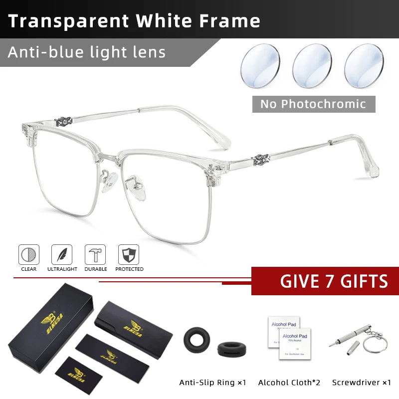 BLMUSA Men Classic Chrome Style Hearts Reading Glasses Anti Blue Light Myopia Glasses Photochromic Prescription Optical Eyewear