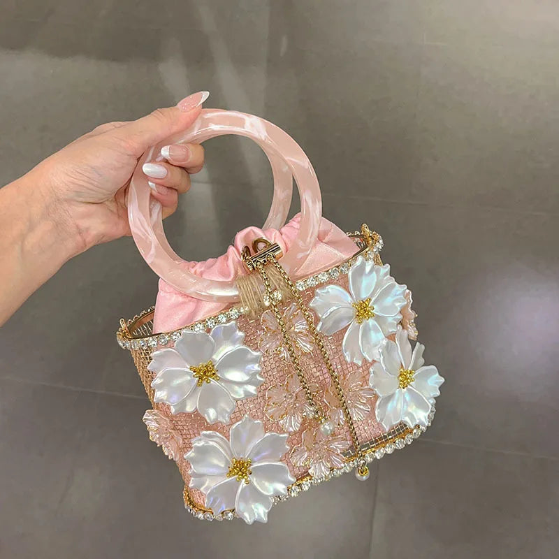Hollow Out Metal Cage Handbag Women's Flower Clutch Purse Crystal Shiny Rhinestone Diamond Evening Bag Wedding Party