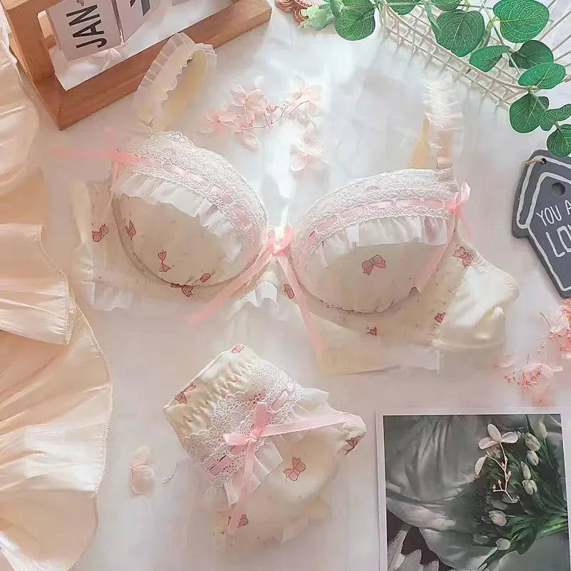 Lolita Women's Bra Set Small Breasts Gathering Up Bra Adjustable Collecting Vice Breasts No Steel Ring Bra Set