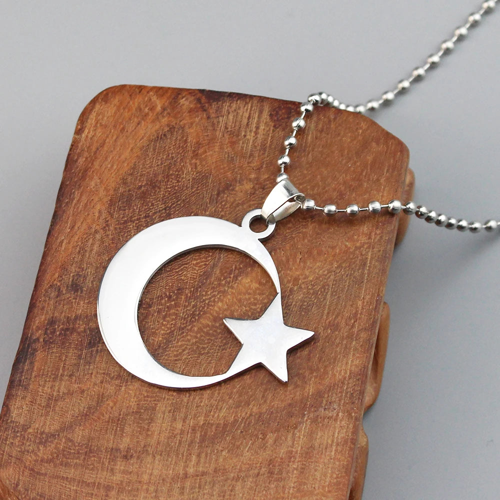 Stainless Steel Crescent Moon Star Necklace For Men Women Spiritual Islamic Muslim Amulet Pendant Turkish Religious Jewelry ﻿
