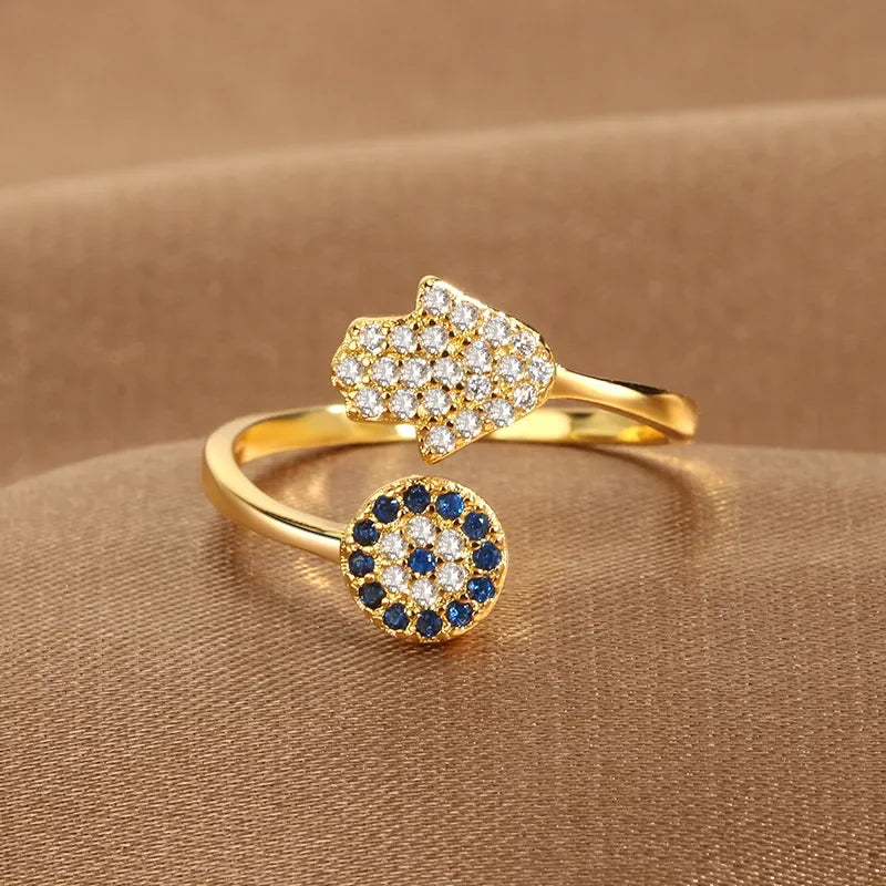 YILUOCD Hamsa Fatima's Hand Open Rings Turkish Blue Cubic Zircon Evil Eye Ring Protection Amulet Islamic Jewish Jewelry