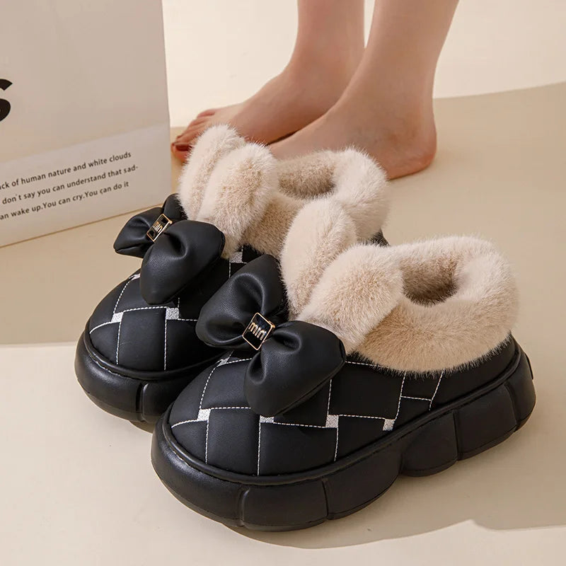 Thick soled bag with cotton slippers, women's winter new fashion bow with plush warm and waterproof snow boots for outdoor wear